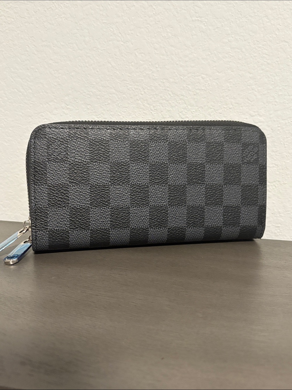 Double-Zip Checkerboard Wallet in Charcoal